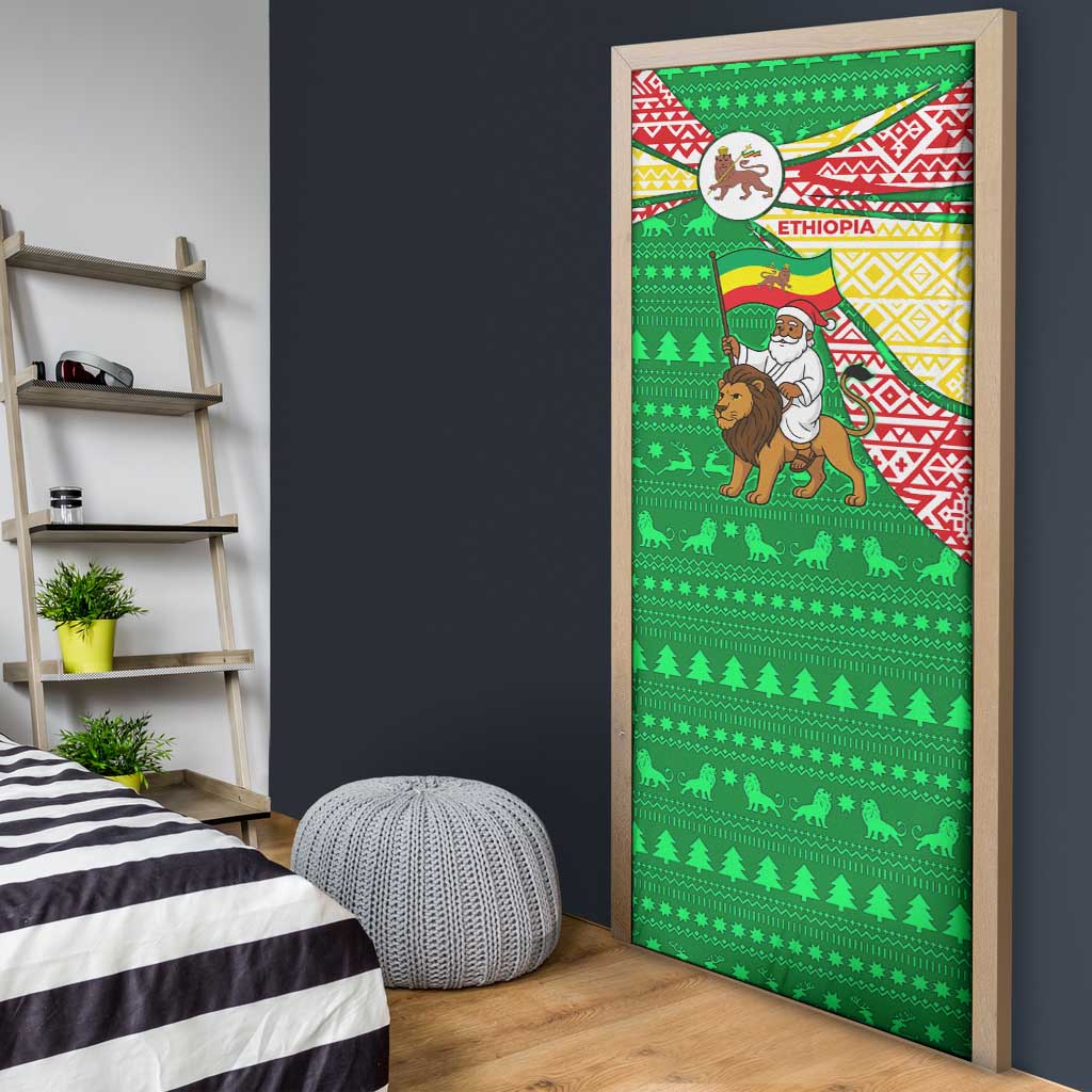 Ethiopia Christmas Door Cover with Santa Riding Lion Ethiopian Flag Colors and Tribal Pattern Design - Wonder Print Shop