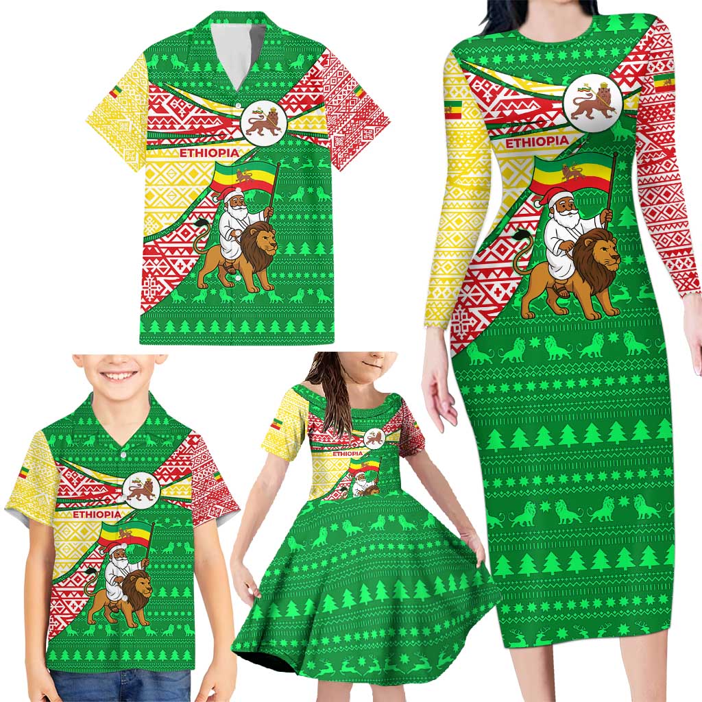 Ethiopia Christmas Family Matching Long Sleeve Bodycon Dress and Hawaiian Shirt with Santa Riding Lion Ethiopian Flag Colors and Tribal Pattern Design - Wonder Print Shop