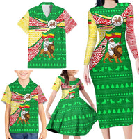 Ethiopia Christmas Family Matching Long Sleeve Bodycon Dress and Hawaiian Shirt with Santa Riding Lion Ethiopian Flag Colors and Tribal Pattern Design - Wonder Print Shop