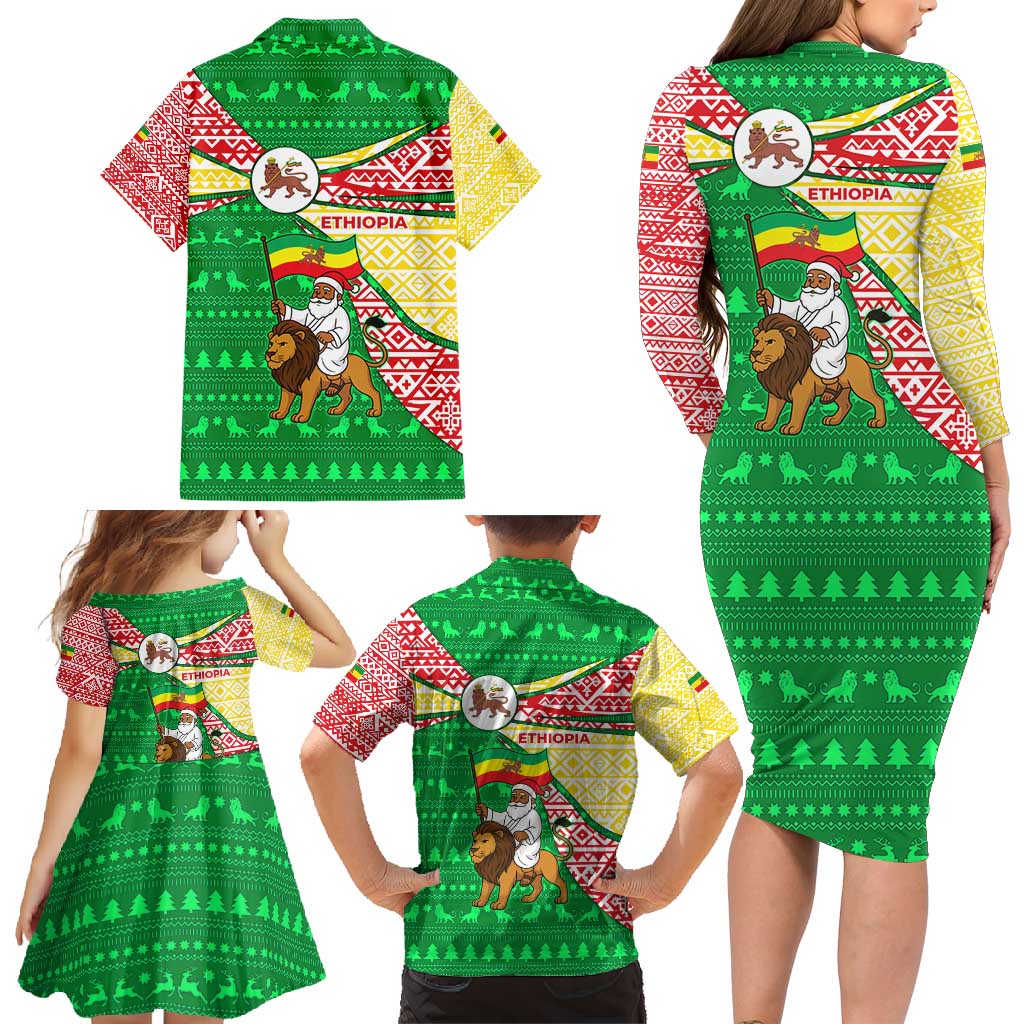 Ethiopia Christmas Family Matching Long Sleeve Bodycon Dress and Hawaiian Shirt with Santa Riding Lion Ethiopian Flag Colors and Tribal Pattern Design - Wonder Print Shop
