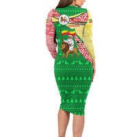 Ethiopia Christmas Family Matching Long Sleeve Bodycon Dress and Hawaiian Shirt with Santa Riding Lion Ethiopian Flag Colors and Tribal Pattern Design - Wonder Print Shop