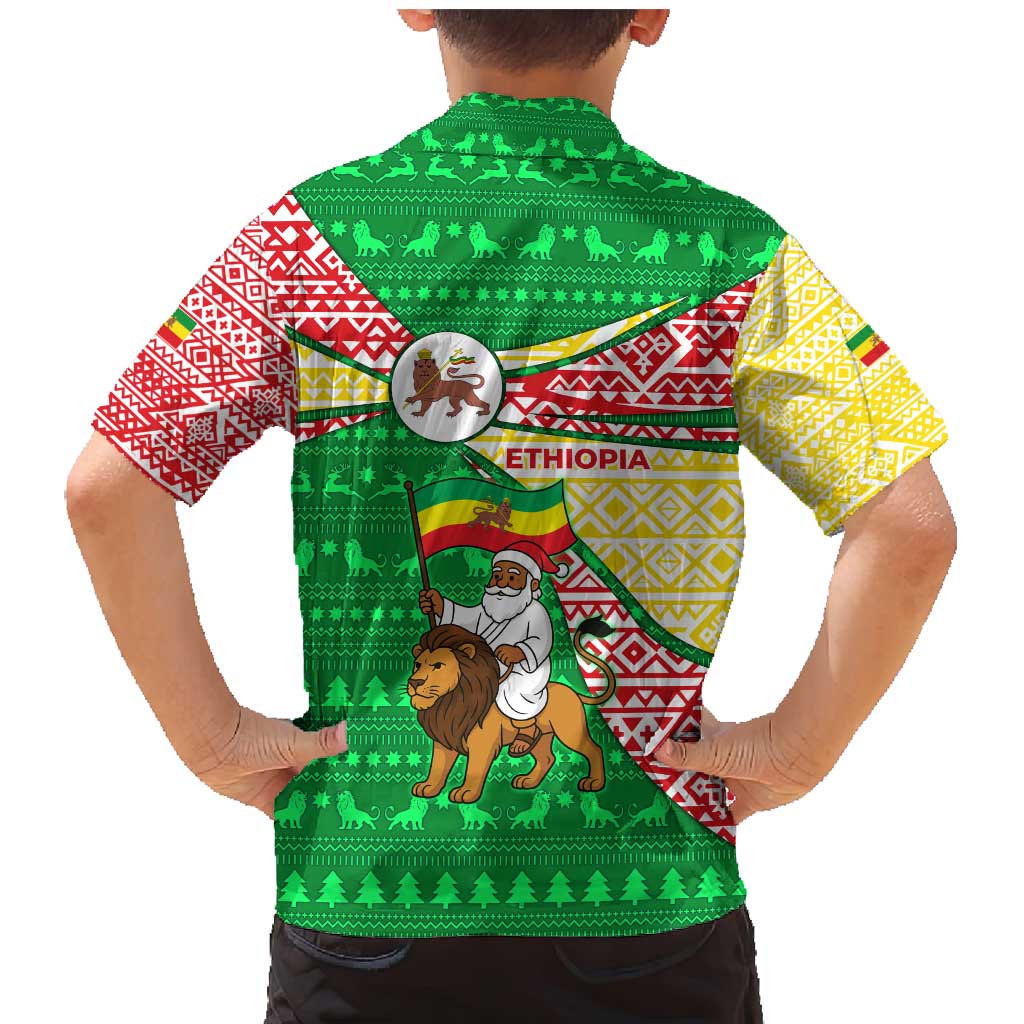 Ethiopia Christmas Family Matching Mermaid Dress and Hawaiian Shirt with Santa Riding Lion Ethiopian Flag Colors and Tribal Pattern Design - Wonder Print Shop