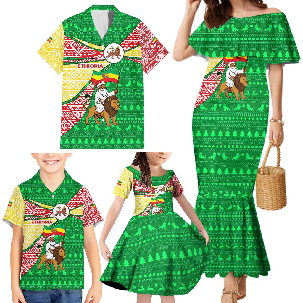 Ethiopia Christmas Family Matching Mermaid Dress and Hawaiian Shirt with Santa Riding Lion Ethiopian Flag Colors and Tribal Pattern Design - Wonder Print Shop