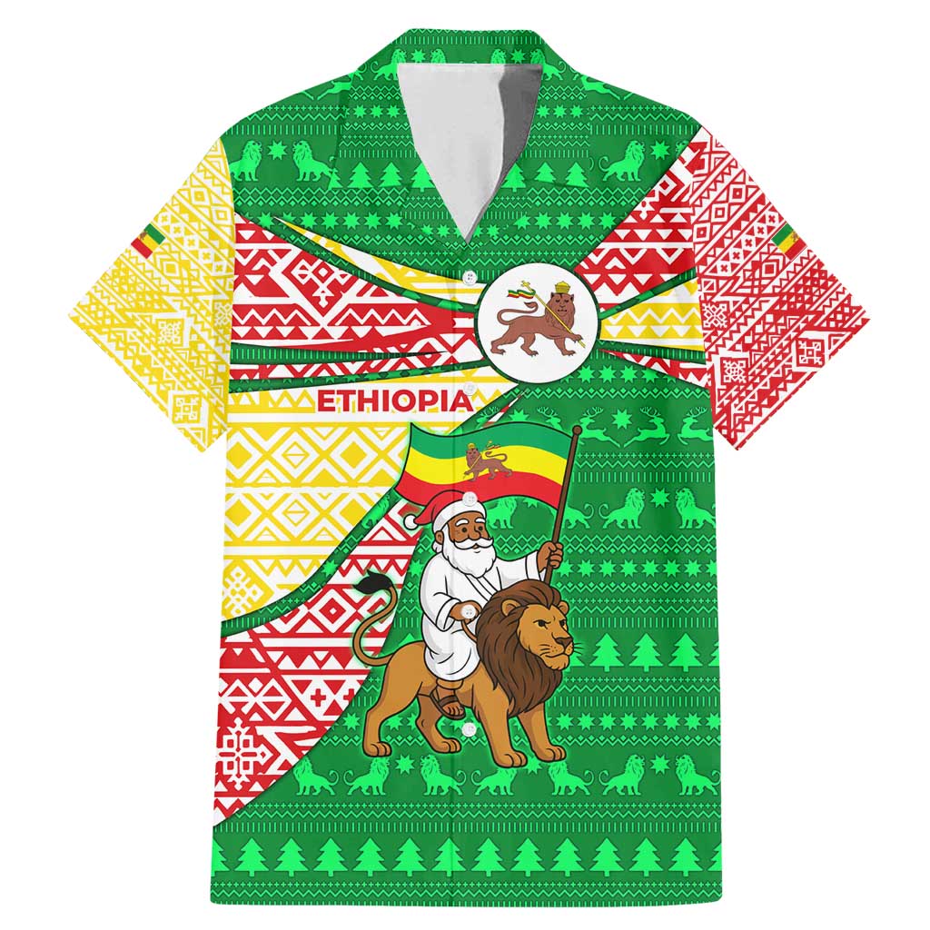 Ethiopia Christmas Family Matching Mermaid Dress and Hawaiian Shirt with Santa Riding Lion Ethiopian Flag Colors and Tribal Pattern Design - Wonder Print Shop