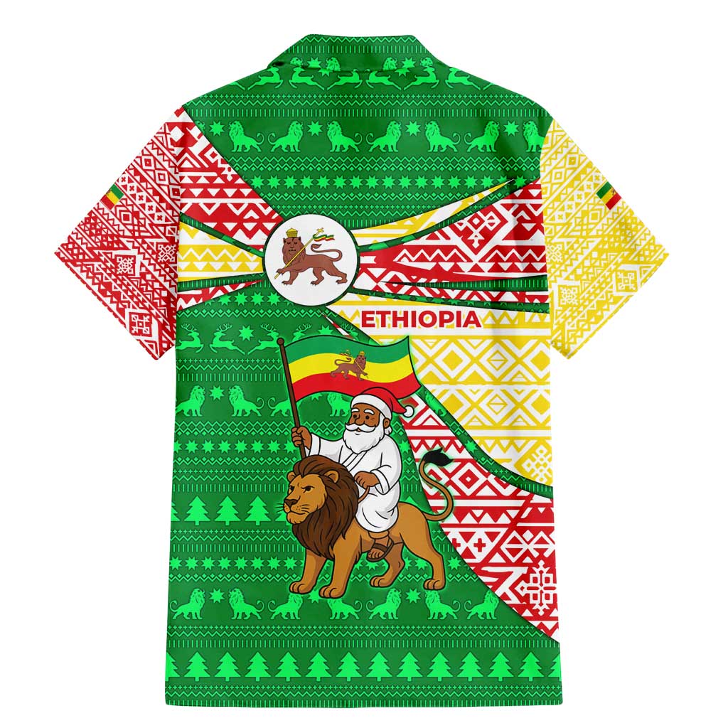 Ethiopia Christmas Family Matching Mermaid Dress and Hawaiian Shirt with Santa Riding Lion Ethiopian Flag Colors and Tribal Pattern Design - Wonder Print Shop