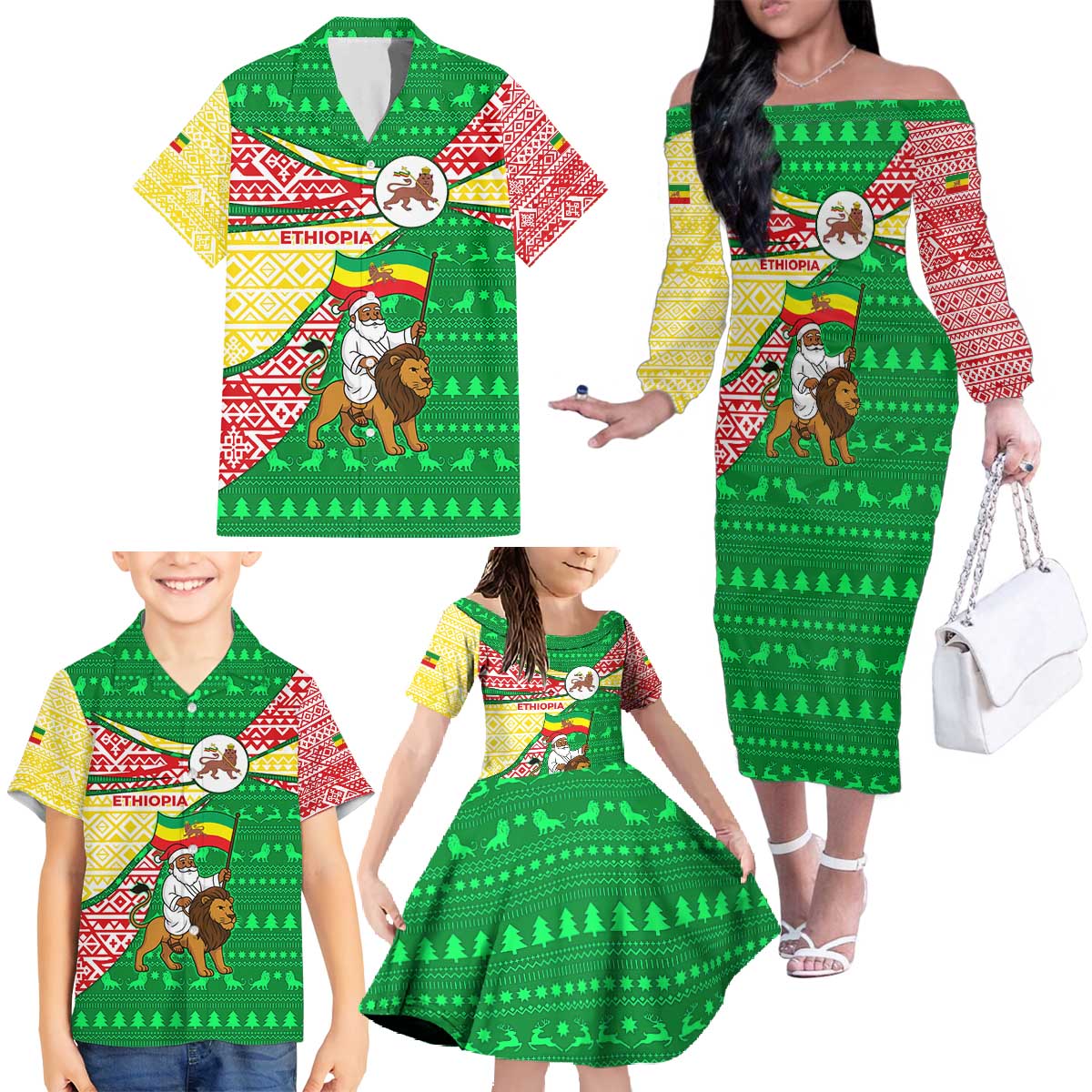Ethiopia Christmas Family Matching Off The Shoulder Long Sleeve Dress and Hawaiian Shirt with Santa Riding Lion Ethiopian Flag Colors and Tribal Pattern Design - Wonder Print Shop