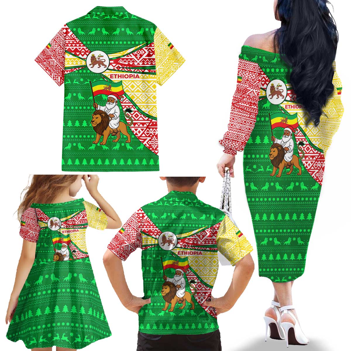 Ethiopia Christmas Family Matching Off The Shoulder Long Sleeve Dress and Hawaiian Shirt with Santa Riding Lion Ethiopian Flag Colors and Tribal Pattern Design - Wonder Print Shop