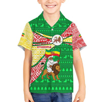 Ethiopia Christmas Family Matching Off The Shoulder Long Sleeve Dress and Hawaiian Shirt with Santa Riding Lion Ethiopian Flag Colors and Tribal Pattern Design - Wonder Print Shop