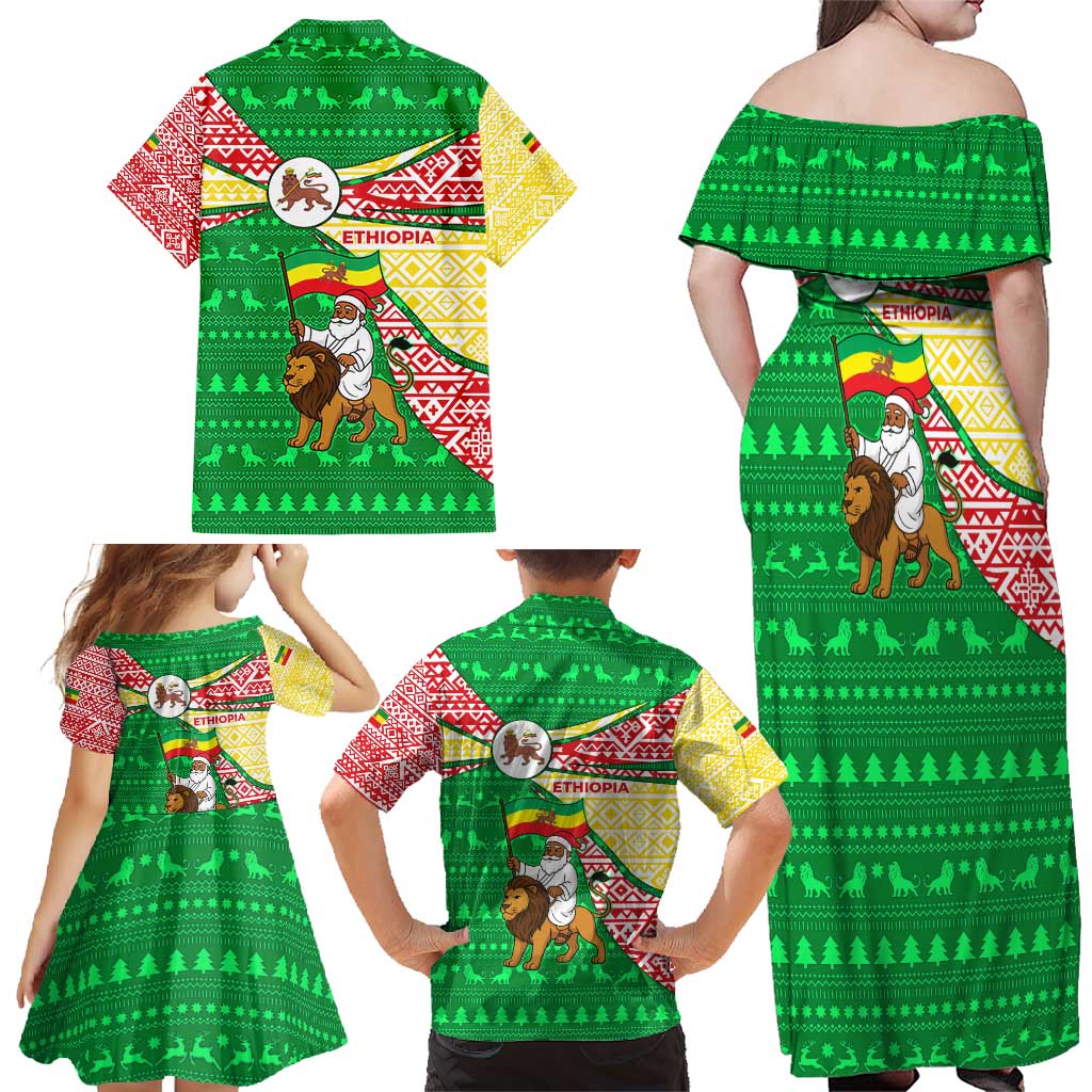 Ethiopia Christmas Family Matching Off Shoulder Maxi Dress and Hawaiian Shirt with Santa Riding Lion Ethiopian Flag Colors and Tribal Pattern Design - Wonder Print Shop