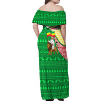 Ethiopia Christmas Family Matching Off Shoulder Maxi Dress and Hawaiian Shirt with Santa Riding Lion Ethiopian Flag Colors and Tribal Pattern Design - Wonder Print Shop