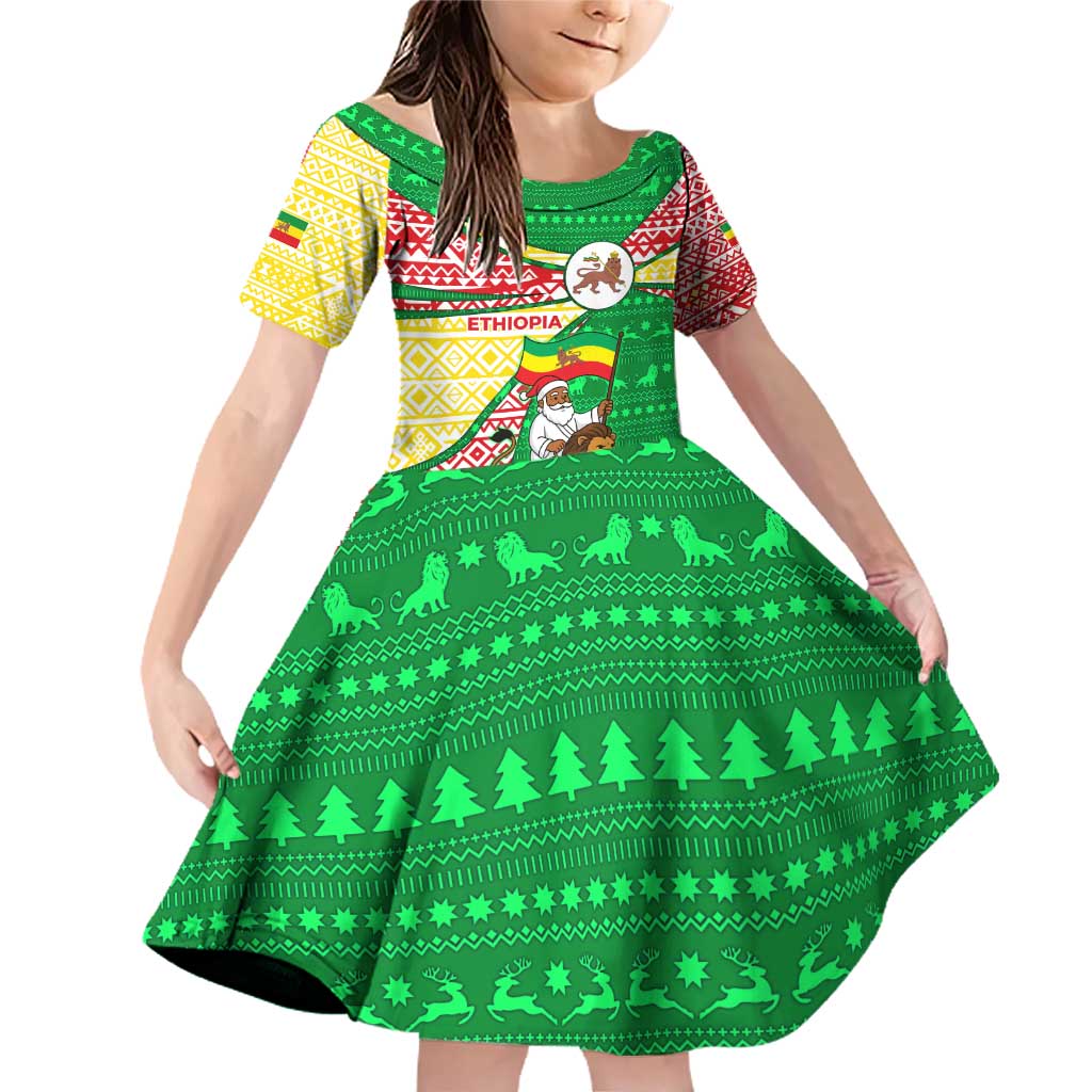 Ethiopia Christmas Family Matching Off Shoulder Short Dress and Hawaiian Shirt with Santa Riding Lion Ethiopian Flag Colors and Tribal Pattern Design - Wonder Print Shop