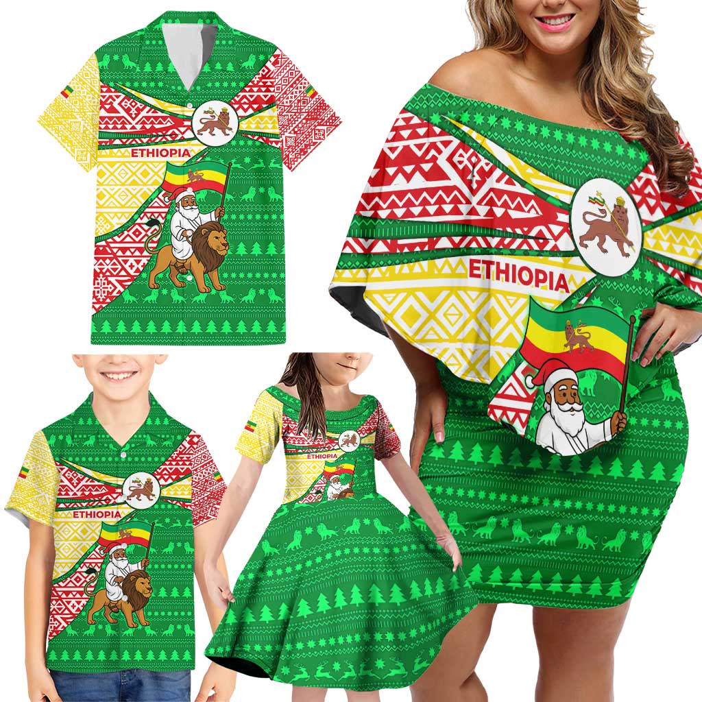 Ethiopia Christmas Family Matching Off Shoulder Short Dress and Hawaiian Shirt with Santa Riding Lion Ethiopian Flag Colors and Tribal Pattern Design - Wonder Print Shop