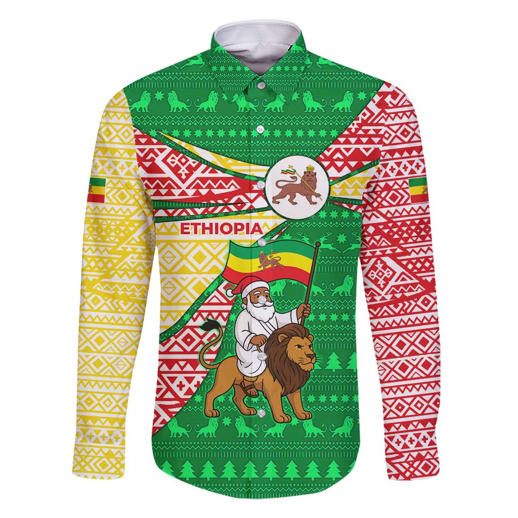 Ethiopia Christmas Family Matching Off Shoulder Short Dress and Hawaiian Shirt with Santa Riding Lion Ethiopian Flag Colors and Tribal Pattern Design - Wonder Print Shop
