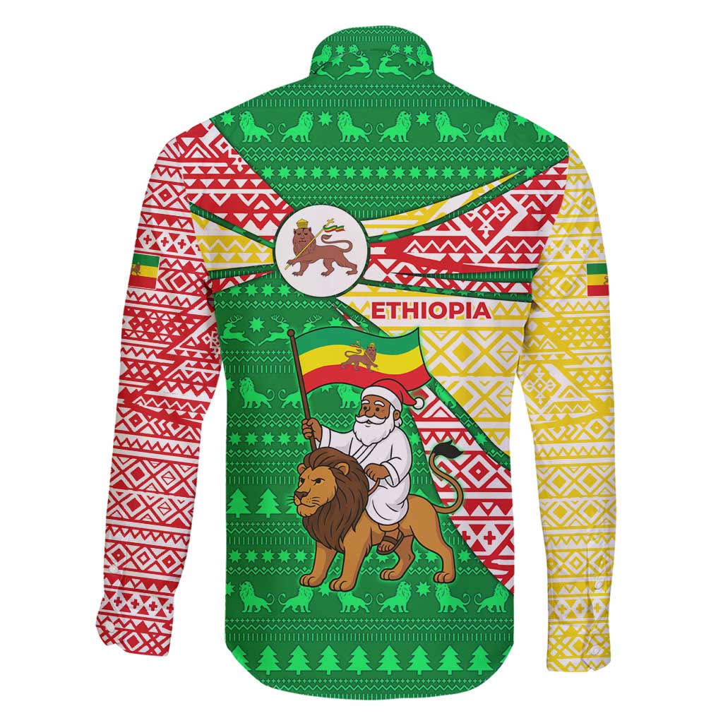 Ethiopia Christmas Family Matching Off Shoulder Short Dress and Hawaiian Shirt with Santa Riding Lion Ethiopian Flag Colors and Tribal Pattern Design - Wonder Print Shop
