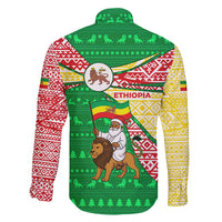 Ethiopia Christmas Family Matching Off Shoulder Short Dress and Hawaiian Shirt with Santa Riding Lion Ethiopian Flag Colors and Tribal Pattern Design - Wonder Print Shop