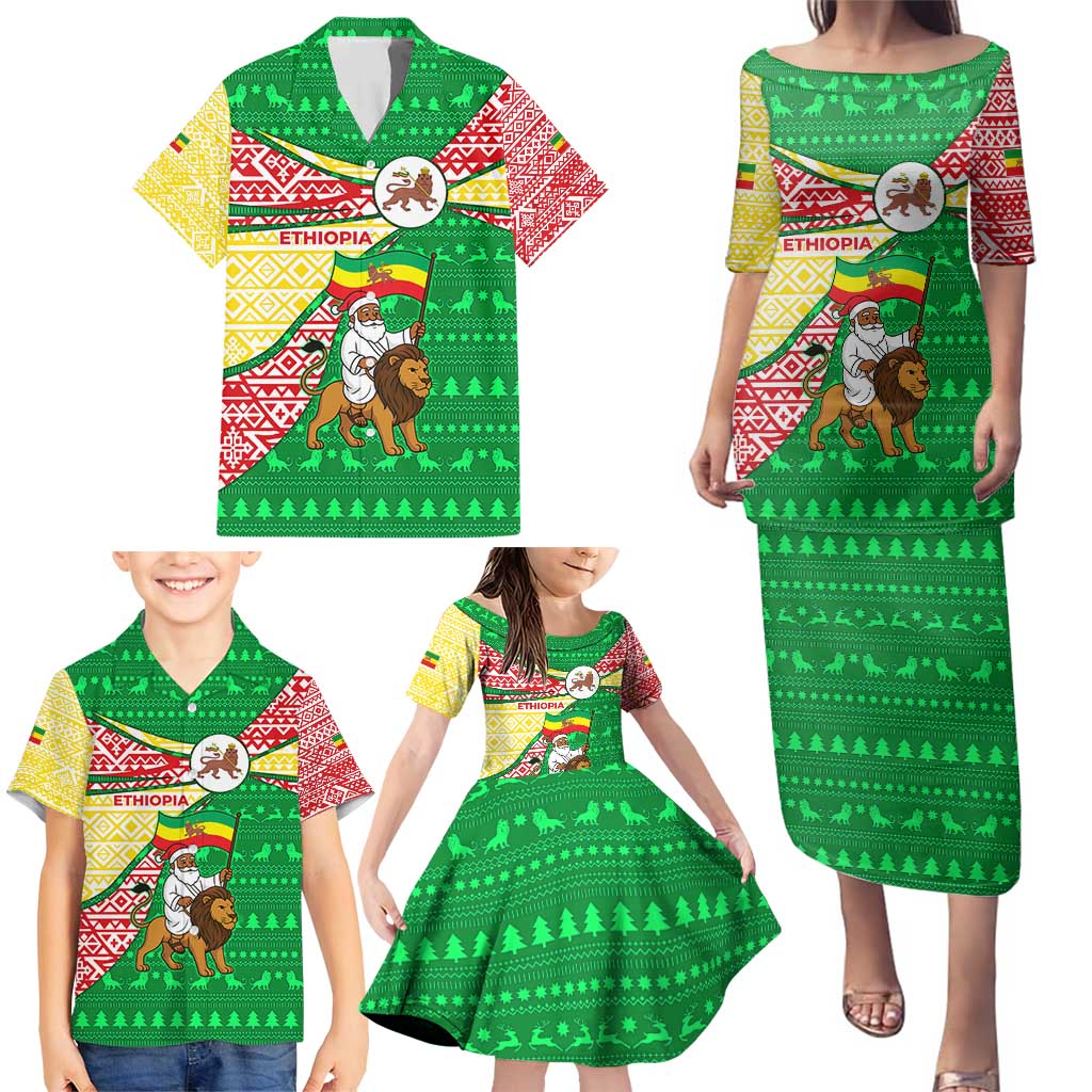 Ethiopia Christmas Family Matching Puletasi and Hawaiian Shirt with Santa Riding Lion Ethiopian Flag Colors and Tribal Pattern Design - Wonder Print Shop