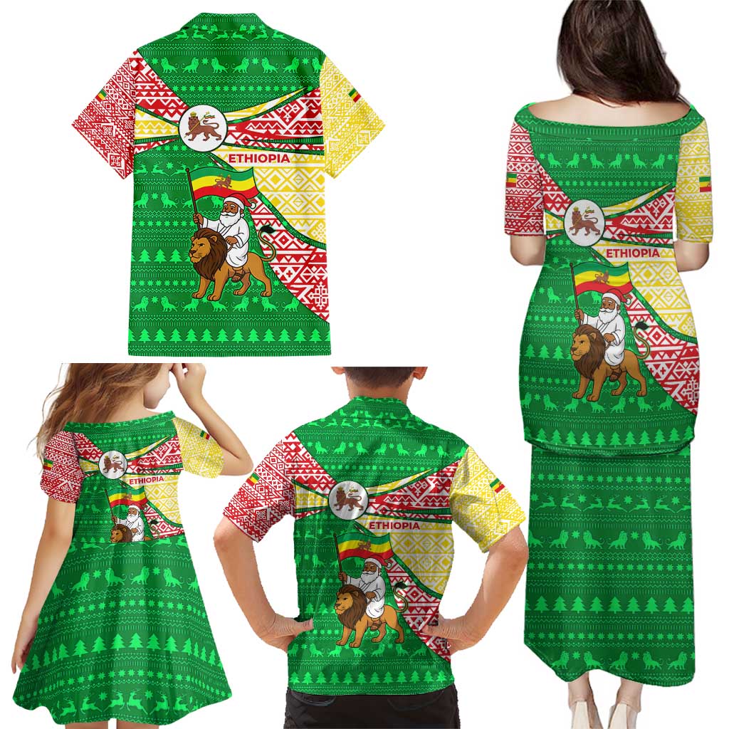 Ethiopia Christmas Family Matching Puletasi and Hawaiian Shirt with Santa Riding Lion Ethiopian Flag Colors and Tribal Pattern Design - Wonder Print Shop