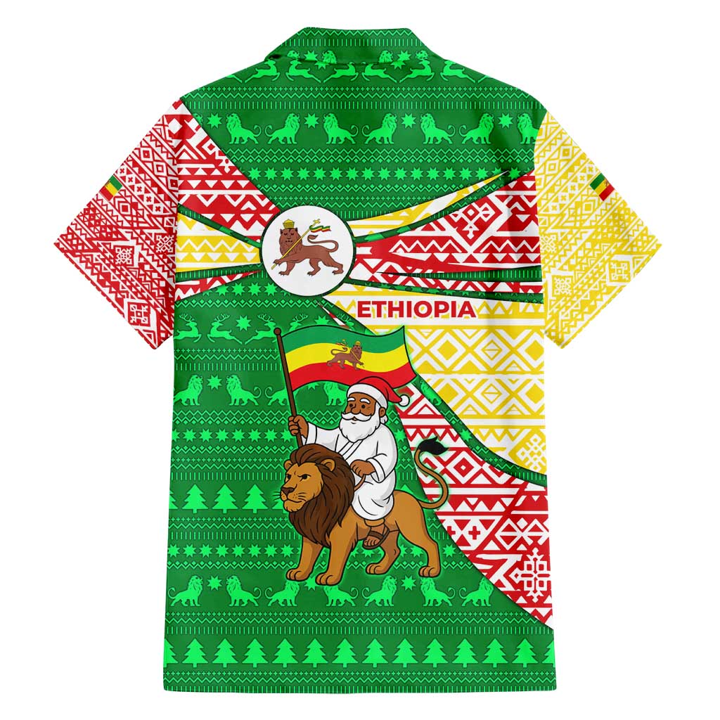 Ethiopia Christmas Family Matching Puletasi and Hawaiian Shirt with Santa Riding Lion Ethiopian Flag Colors and Tribal Pattern Design - Wonder Print Shop