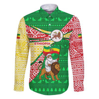 Ethiopia Christmas Family Matching Puletasi and Hawaiian Shirt with Santa Riding Lion Ethiopian Flag Colors and Tribal Pattern Design - Wonder Print Shop