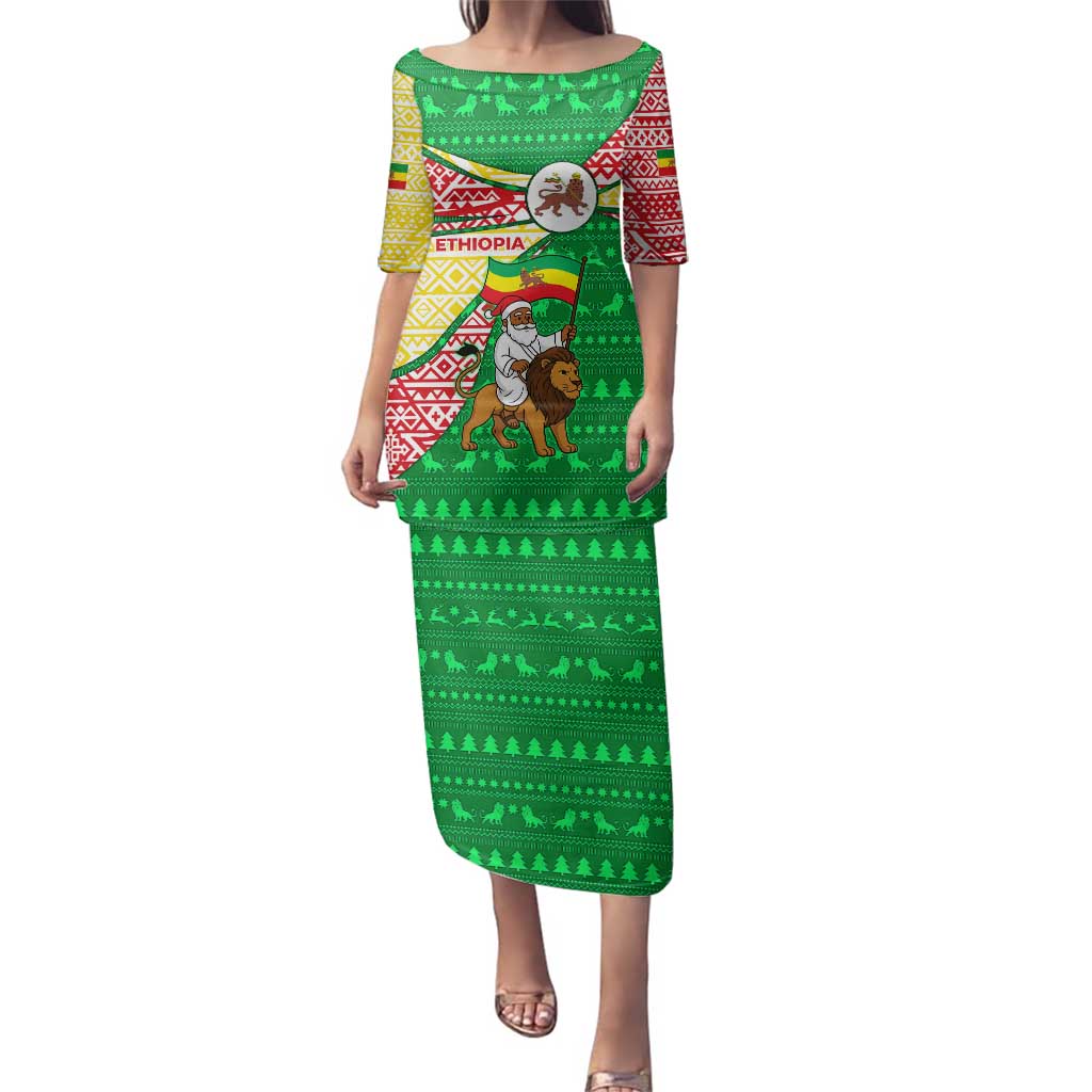 Ethiopia Christmas Family Matching Puletasi and Hawaiian Shirt with Santa Riding Lion Ethiopian Flag Colors and Tribal Pattern Design - Wonder Print Shop