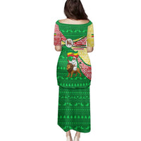 Ethiopia Christmas Family Matching Puletasi and Hawaiian Shirt with Santa Riding Lion Ethiopian Flag Colors and Tribal Pattern Design - Wonder Print Shop