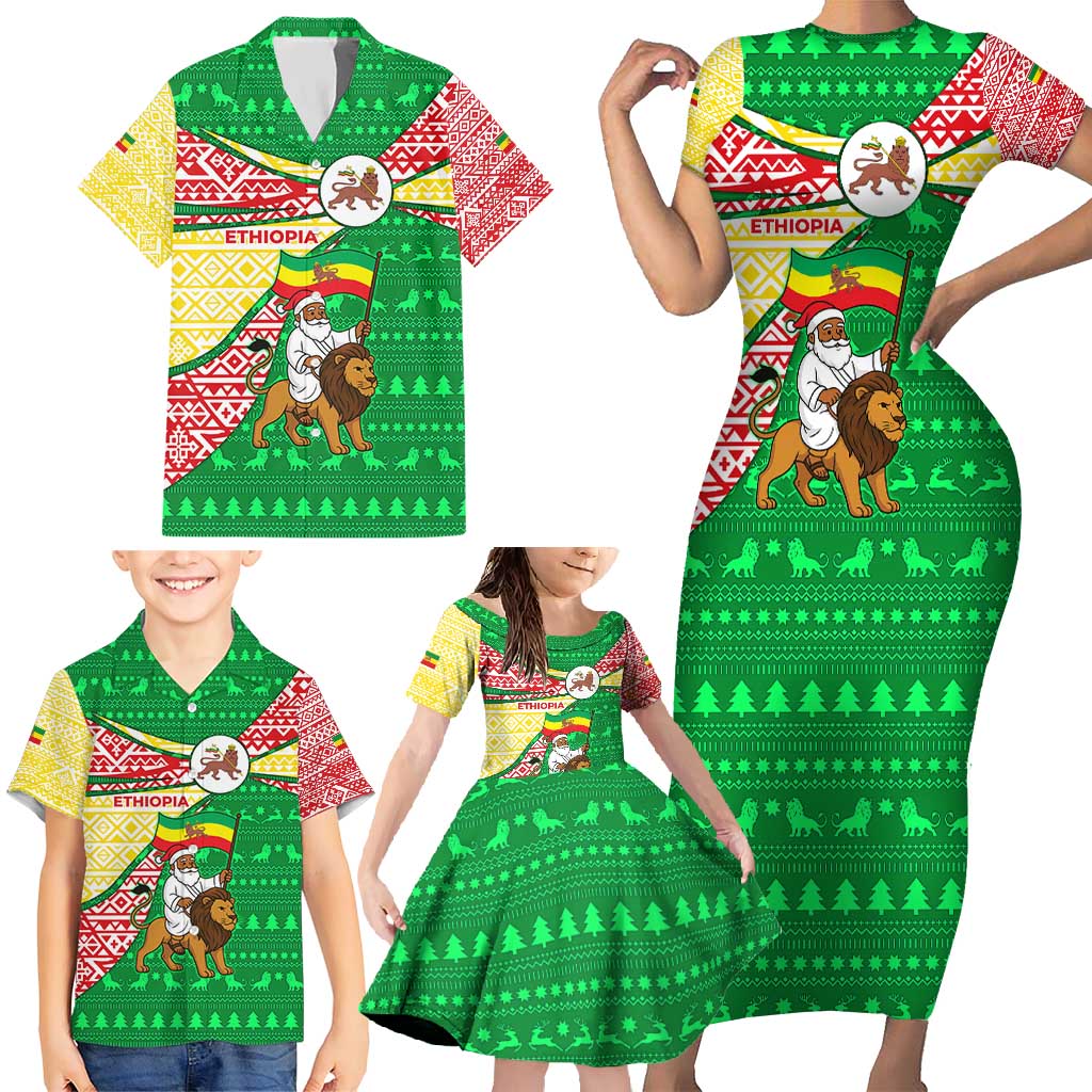 Ethiopia Christmas Family Matching Short Sleeve Bodycon Dress and Hawaiian Shirt with Santa Riding Lion Ethiopian Flag Colors and Tribal Pattern Design - Wonder Print Shop