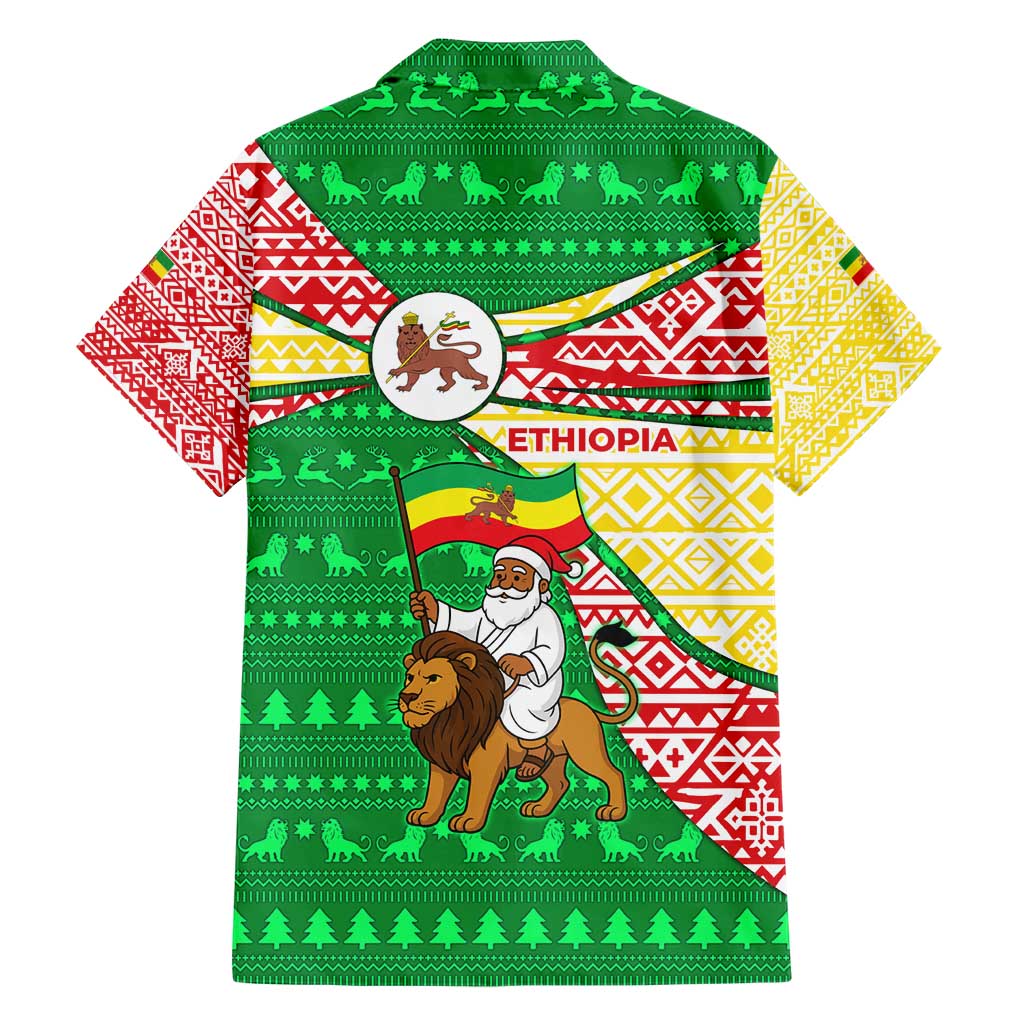 Ethiopia Christmas Family Matching Short Sleeve Bodycon Dress and Hawaiian Shirt with Santa Riding Lion Ethiopian Flag Colors and Tribal Pattern Design - Wonder Print Shop