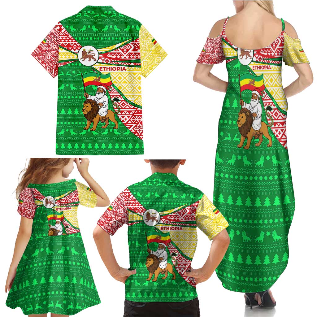 Ethiopia Christmas Family Matching Summer Maxi Dress and Hawaiian Shirt with Santa Riding Lion Ethiopian Flag Colors and Tribal Pattern Design - Wonder Print Shop