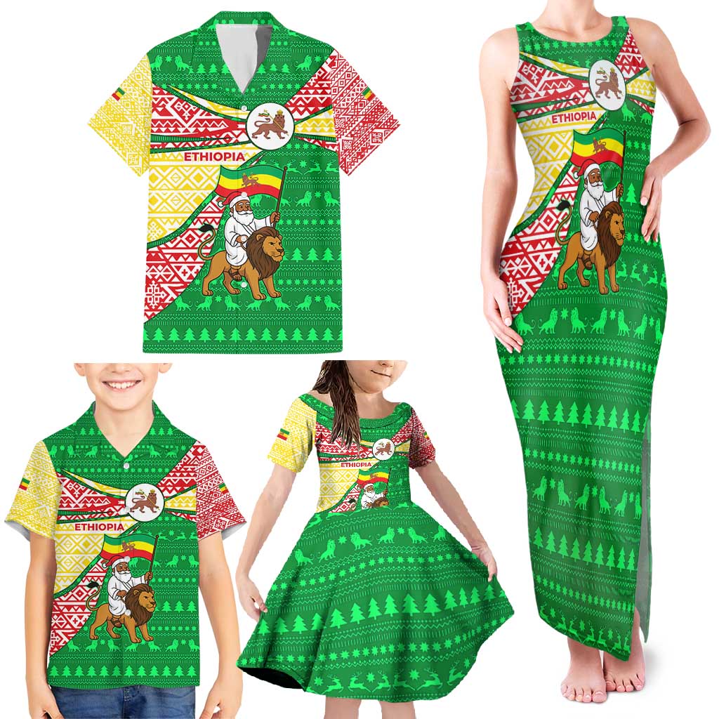 Ethiopia Christmas Family Matching Tank Maxi Dress and Hawaiian Shirt with Santa Riding Lion Ethiopian Flag Colors and Tribal Pattern Design - Wonder Print Shop