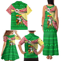 Ethiopia Christmas Family Matching Tank Maxi Dress and Hawaiian Shirt with Santa Riding Lion Ethiopian Flag Colors and Tribal Pattern Design - Wonder Print Shop