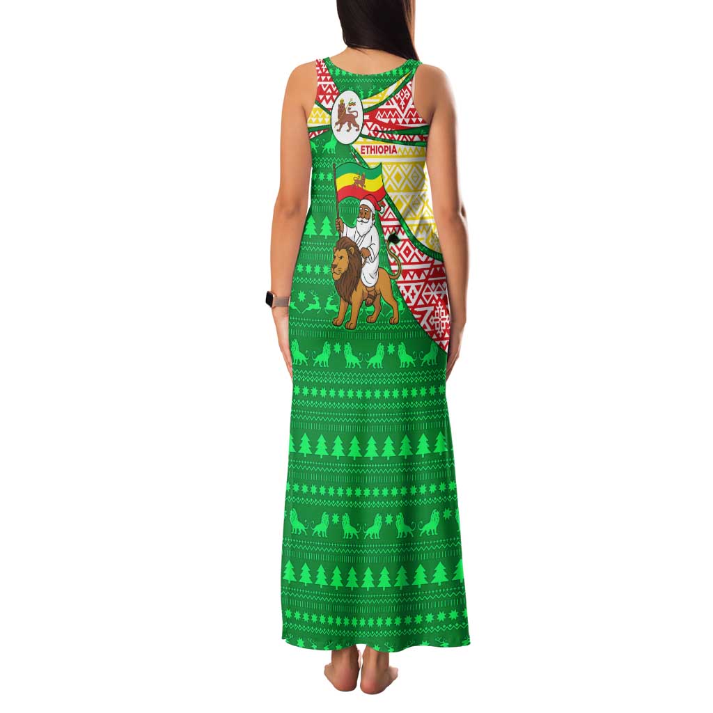 Ethiopia Christmas Family Matching Tank Maxi Dress and Hawaiian Shirt with Santa Riding Lion Ethiopian Flag Colors and Tribal Pattern Design - Wonder Print Shop