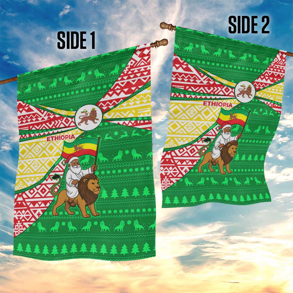 Ethiopia Christmas Garden Flag with Santa Riding Lion Ethiopian Flag Colors and Tribal Pattern Design - Wonder Print Shop