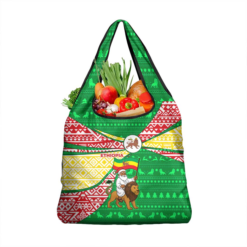 Ethiopia Christmas Grocery Bag with Santa Riding Lion Ethiopian Flag Colors and Tribal Pattern Design - Wonder Print Shop