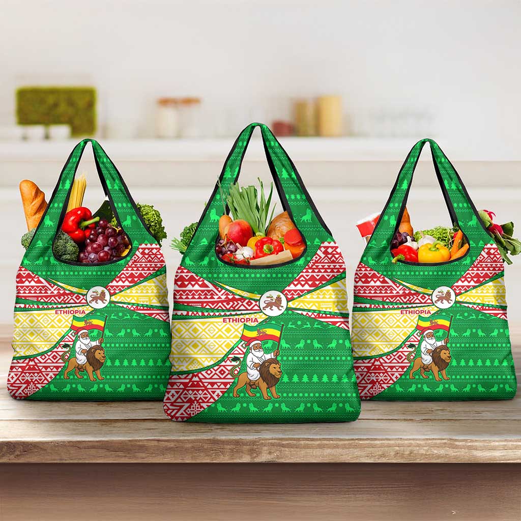 Ethiopia Christmas Grocery Bag with Santa Riding Lion Ethiopian Flag Colors and Tribal Pattern Design - Wonder Print Shop