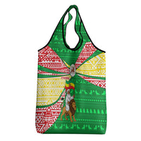 Ethiopia Christmas Grocery Bag with Santa Riding Lion Ethiopian Flag Colors and Tribal Pattern Design - Wonder Print Shop