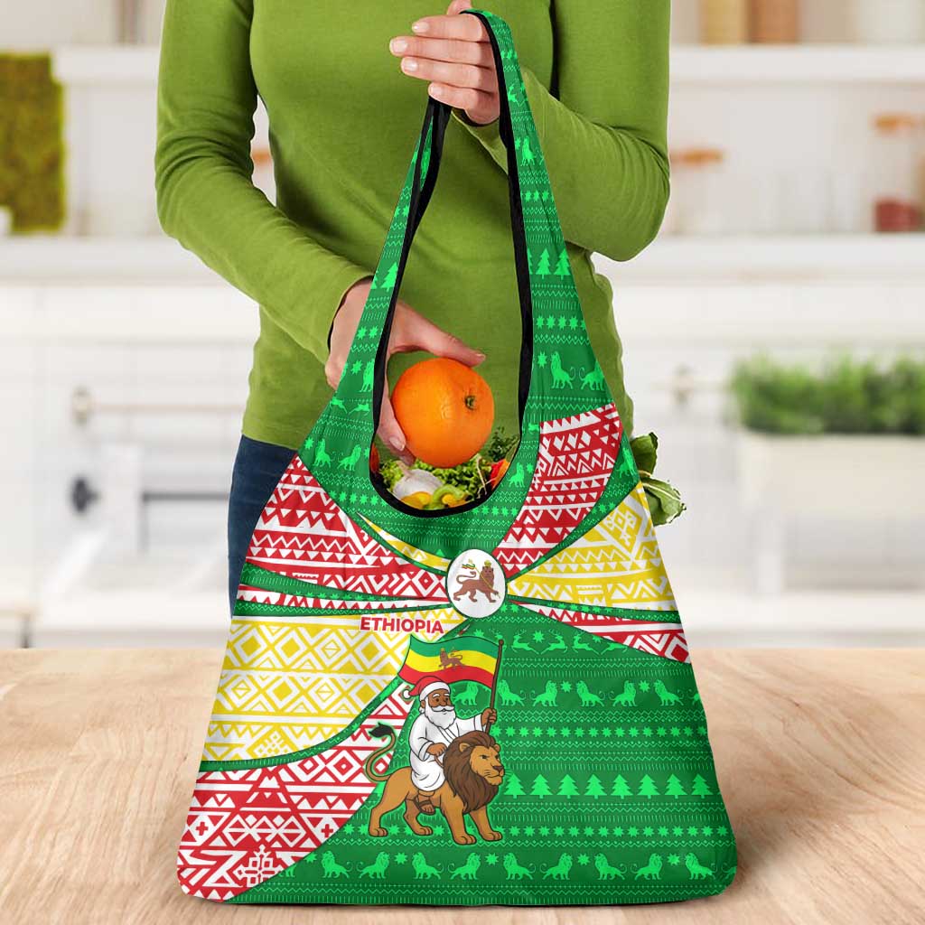 Ethiopia Christmas Grocery Bag with Santa Riding Lion Ethiopian Flag Colors and Tribal Pattern Design - Wonder Print Shop
