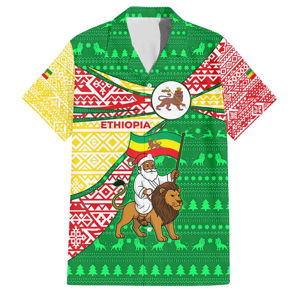 Ethiopia Christmas Hawaiian Shirt with Santa Riding Lion Ethiopian Flag Colors and Tribal Pattern Design - Wonder Print Shop