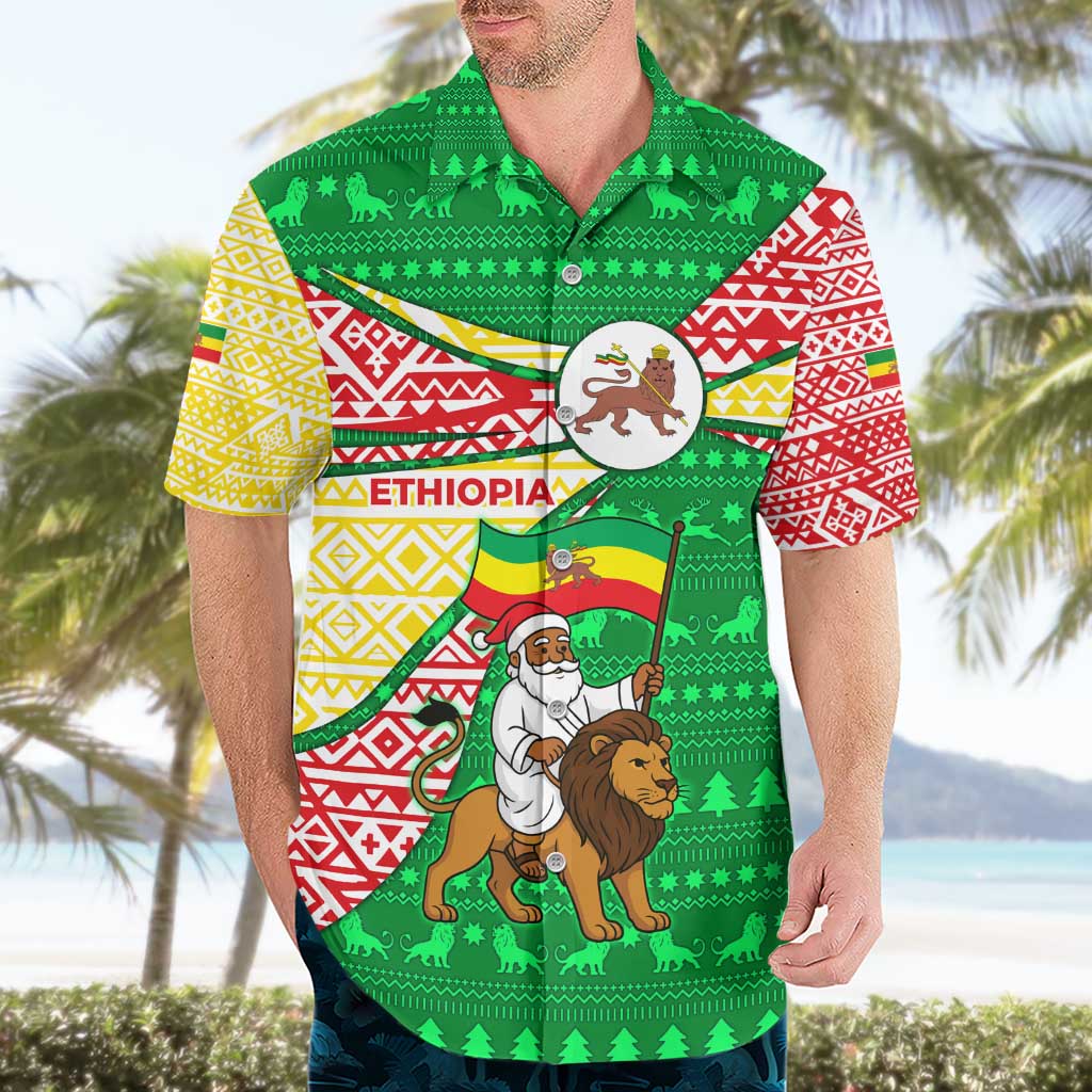 Ethiopia Christmas Hawaiian Shirt with Santa Riding Lion Ethiopian Flag Colors and Tribal Pattern Design - Wonder Print Shop