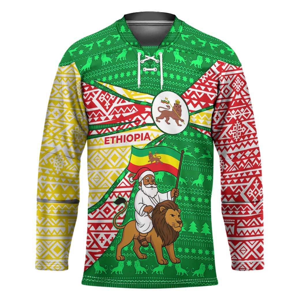 Ethiopia Christmas Hockey Jersey with Santa Riding Lion Ethiopian Flag Colors and Tribal Pattern Design - Wonder Print Shop