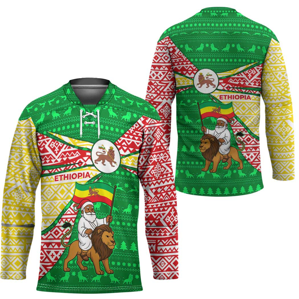 Ethiopia Christmas Hockey Jersey with Santa Riding Lion Ethiopian Flag Colors and Tribal Pattern Design - Wonder Print Shop