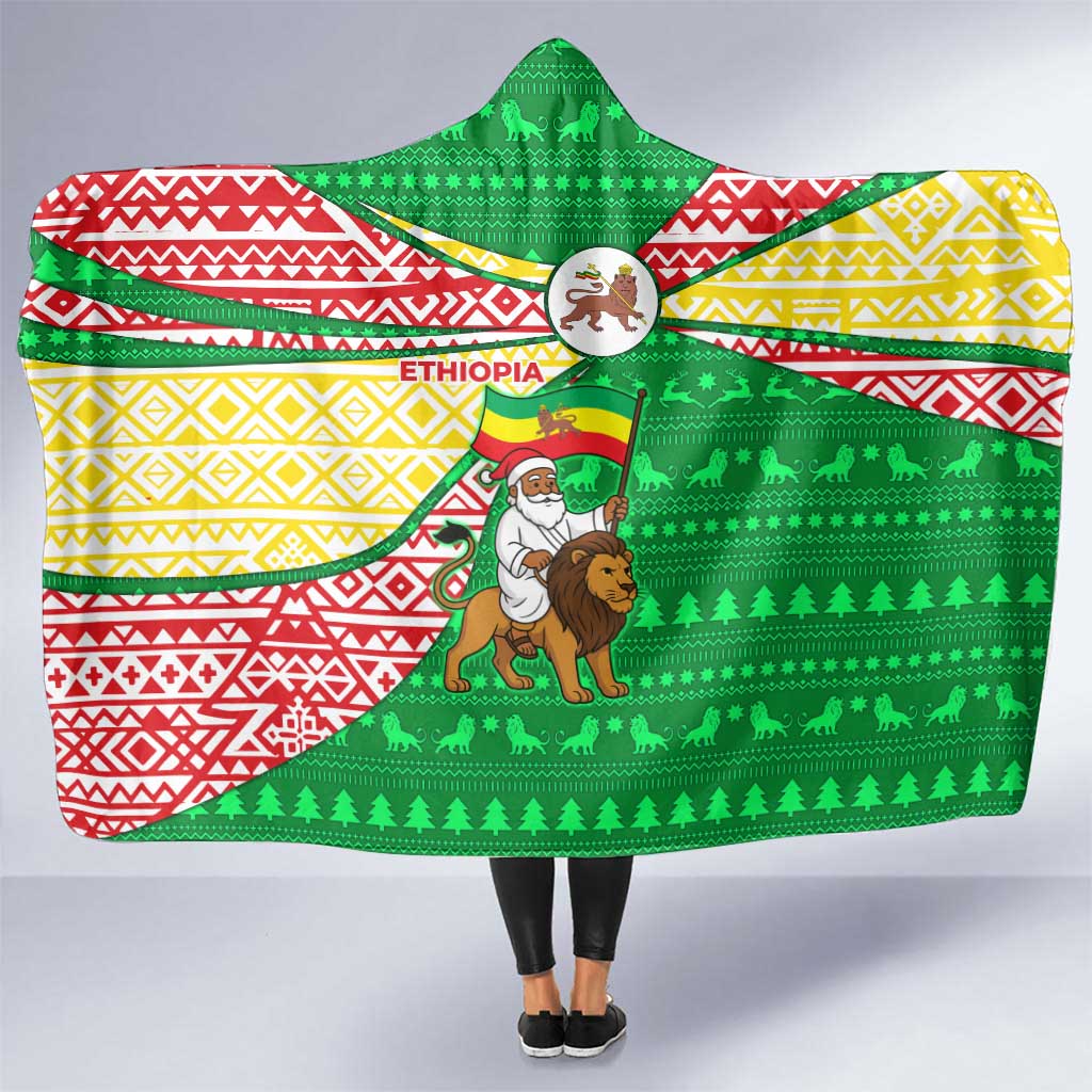 Ethiopia Christmas Hooded Blanket with Santa Riding Lion Ethiopian Flag Colors and Tribal Pattern Design - Wonder Print Shop
