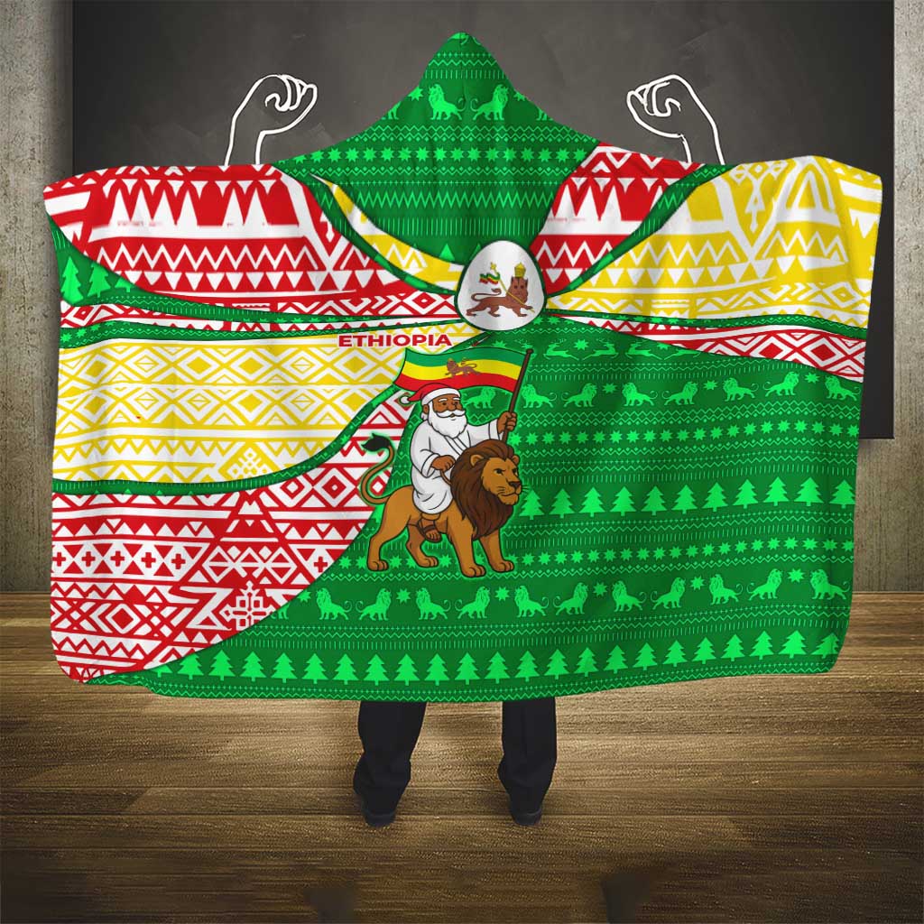 Ethiopia Christmas Hooded Blanket with Santa Riding Lion Ethiopian Flag Colors and Tribal Pattern Design - Wonder Print Shop