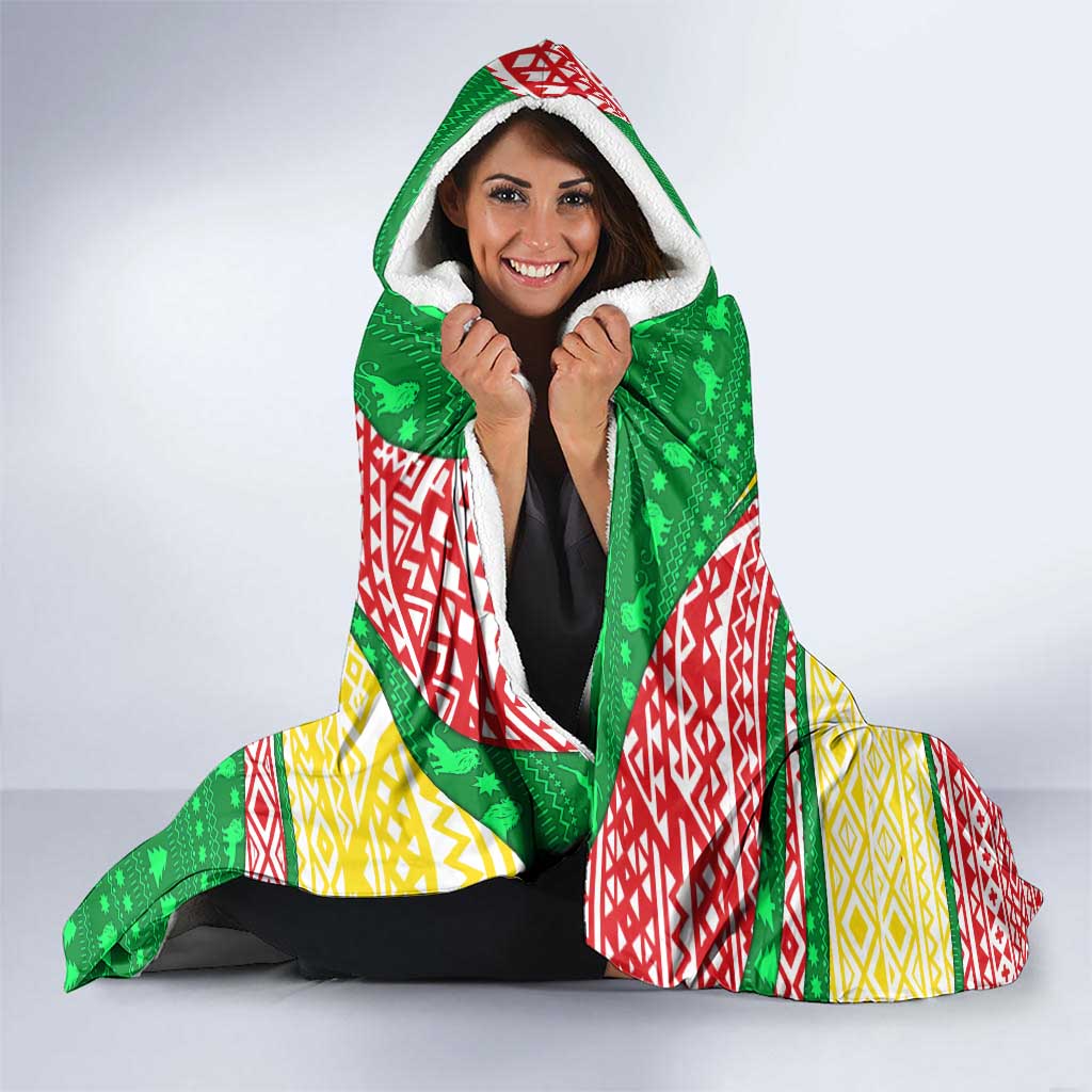 Ethiopia Christmas Hooded Blanket with Santa Riding Lion Ethiopian Flag Colors and Tribal Pattern Design - Wonder Print Shop