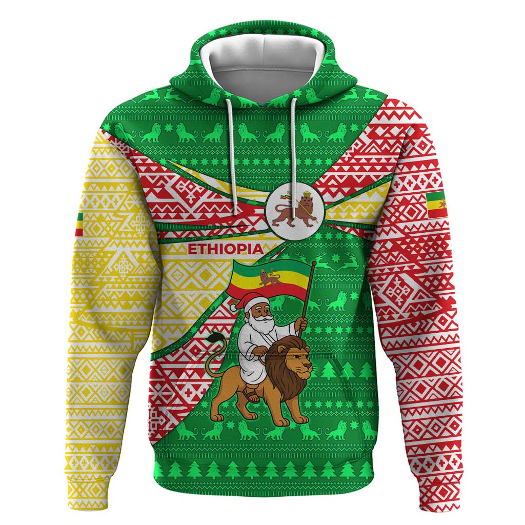 Ethiopia Christmas Hoodie with Santa Riding Lion Ethiopian Flag Colors and Tribal Pattern Design - Wonder Print Shop