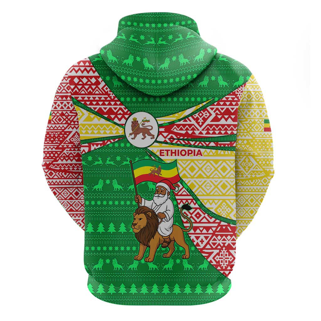 Ethiopia Christmas Hoodie with Santa Riding Lion Ethiopian Flag Colors and Tribal Pattern Design - Wonder Print Shop