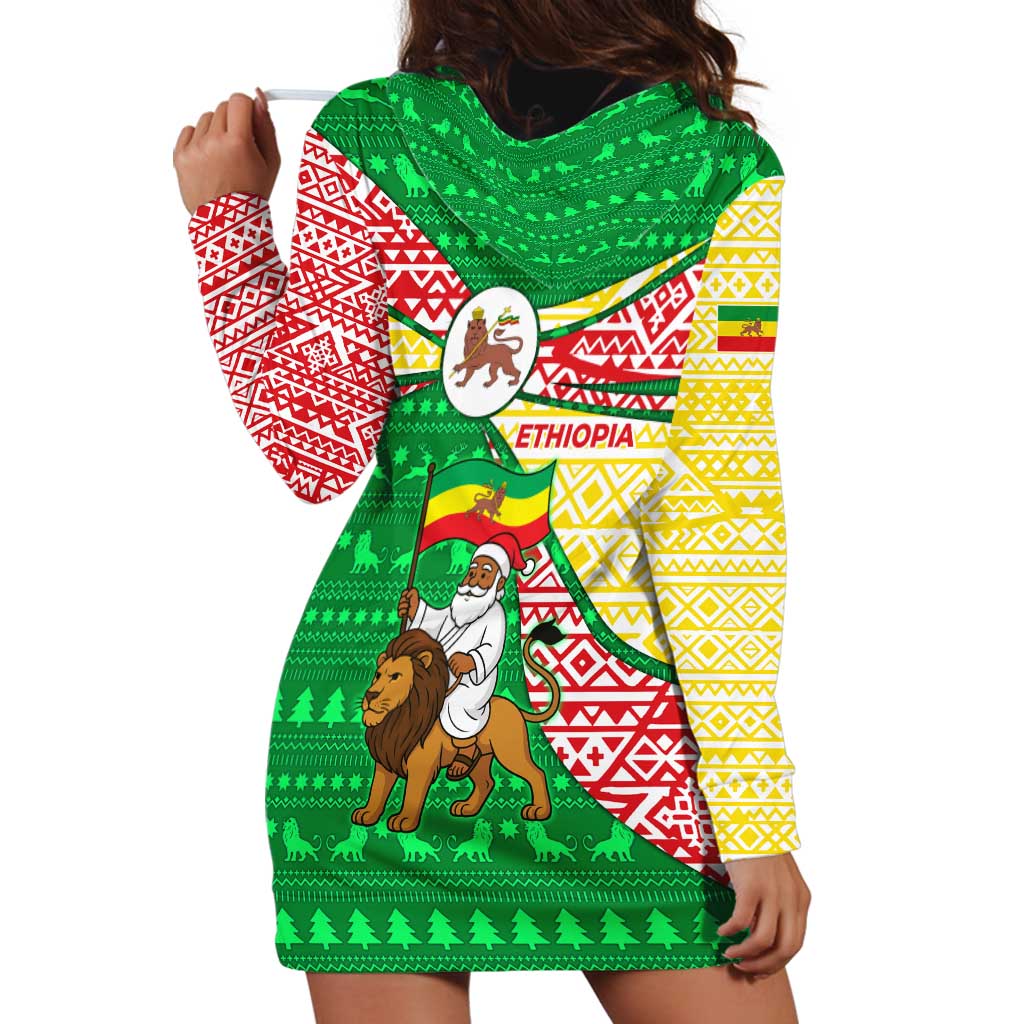 Ethiopia Christmas Hoodie Dress with Santa Riding Lion Ethiopian Flag Colors and Tribal Pattern Design - Wonder Print Shop