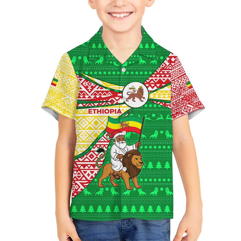 Ethiopia Christmas Kid Hawaiian Shirt with Santa Riding Lion Ethiopian Flag Colors and Tribal Pattern Design - Wonder Print Shop