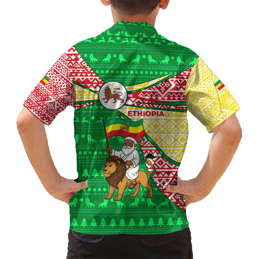 Ethiopia Christmas Kid Hawaiian Shirt with Santa Riding Lion Ethiopian Flag Colors and Tribal Pattern Design - Wonder Print Shop