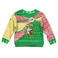 Ethiopia Christmas Kid Ugly Christmas Sweater with Santa Riding Lion Ethiopian Flag Colors and Tribal Pattern Design - Wonder Print Shop