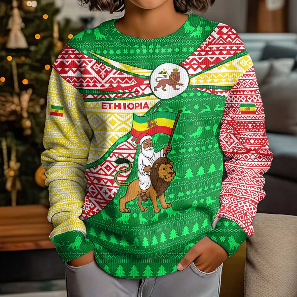 Ethiopia Christmas Kid Ugly Christmas Sweater with Santa Riding Lion Ethiopian Flag Colors and Tribal Pattern Design - Wonder Print Shop